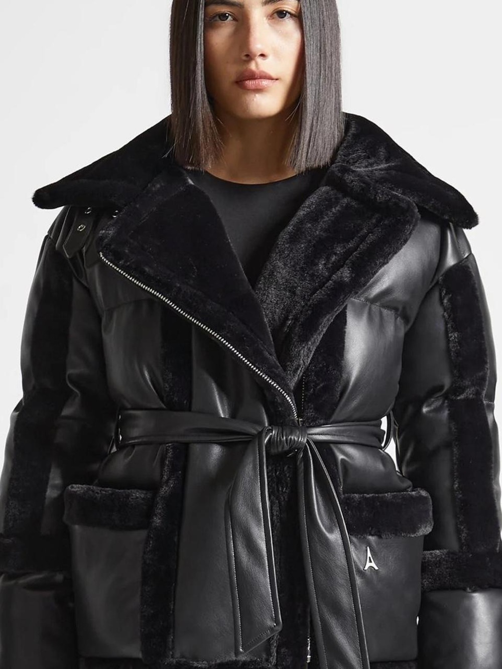 Maniere De Voir Black Faux Leather Belted Puffer Coat with Shearling Trim